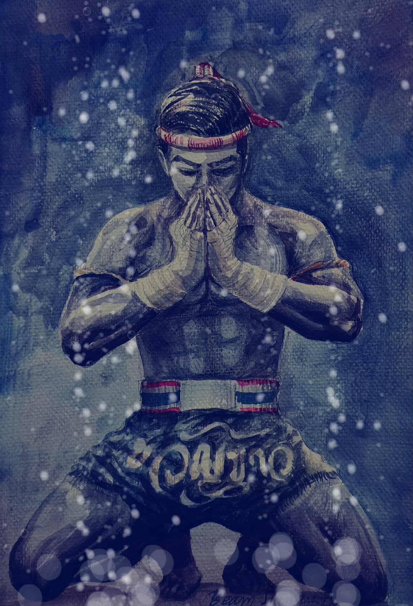 Hand-drawn art — a fighter kneeling in the Wai Khru pose